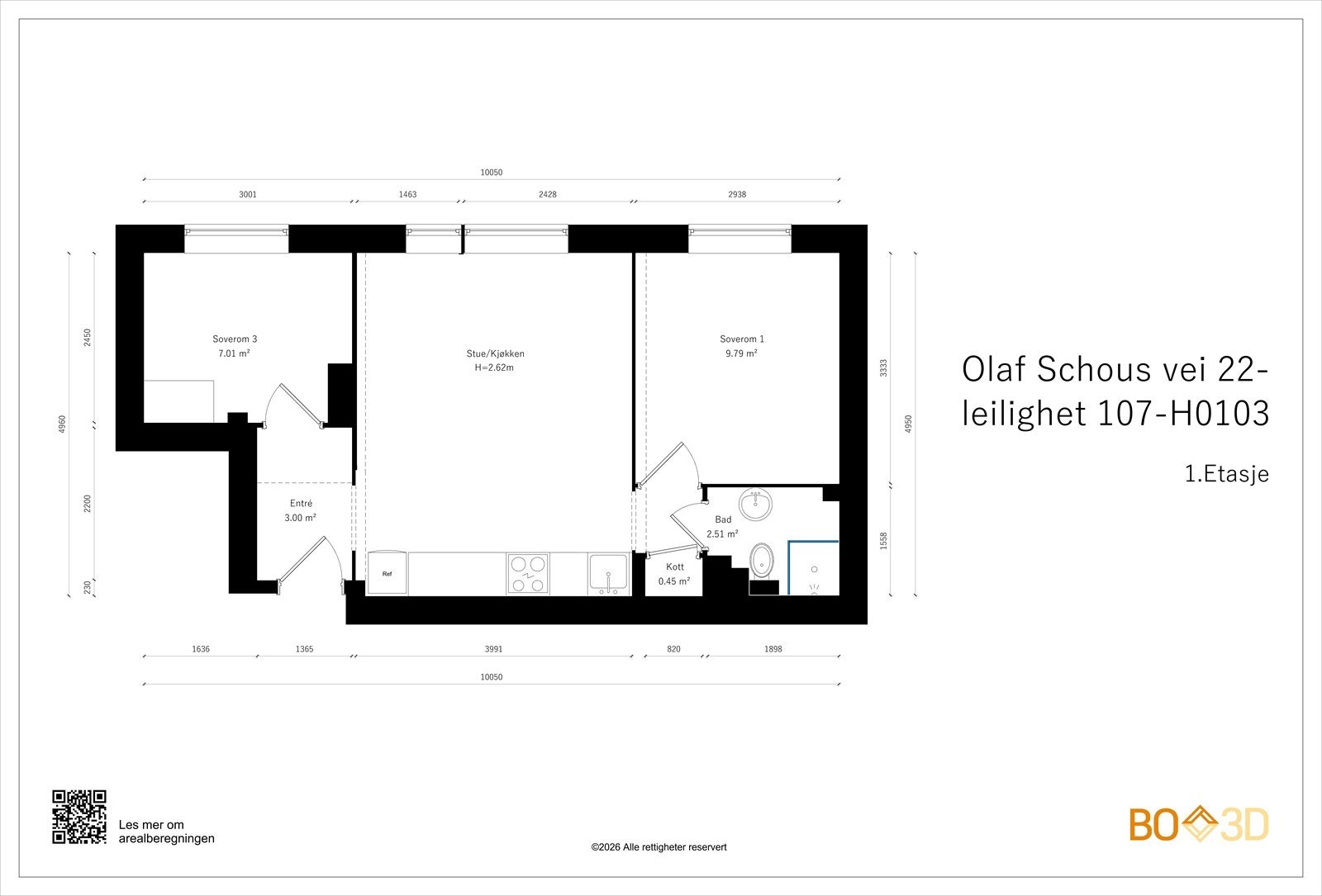 Alternativ planløsning hvor det minste soverommet er fjernet slik at man får en større stue/kjøkken løsning. Galleribilde