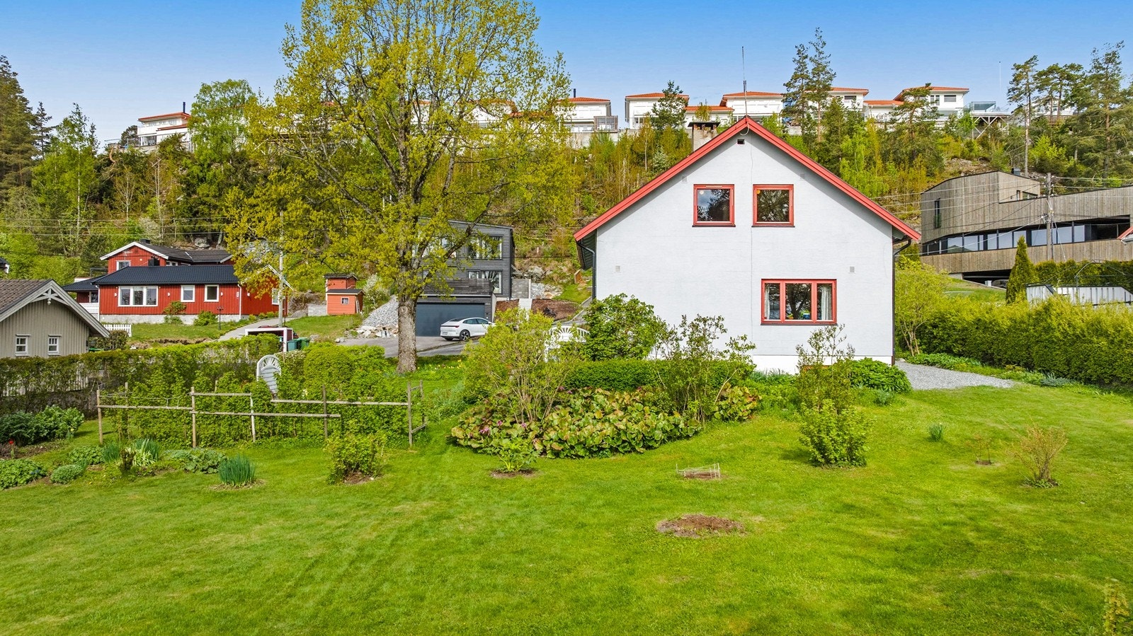 Stor hage med plenareal og etablert beplantning. Galleribilde