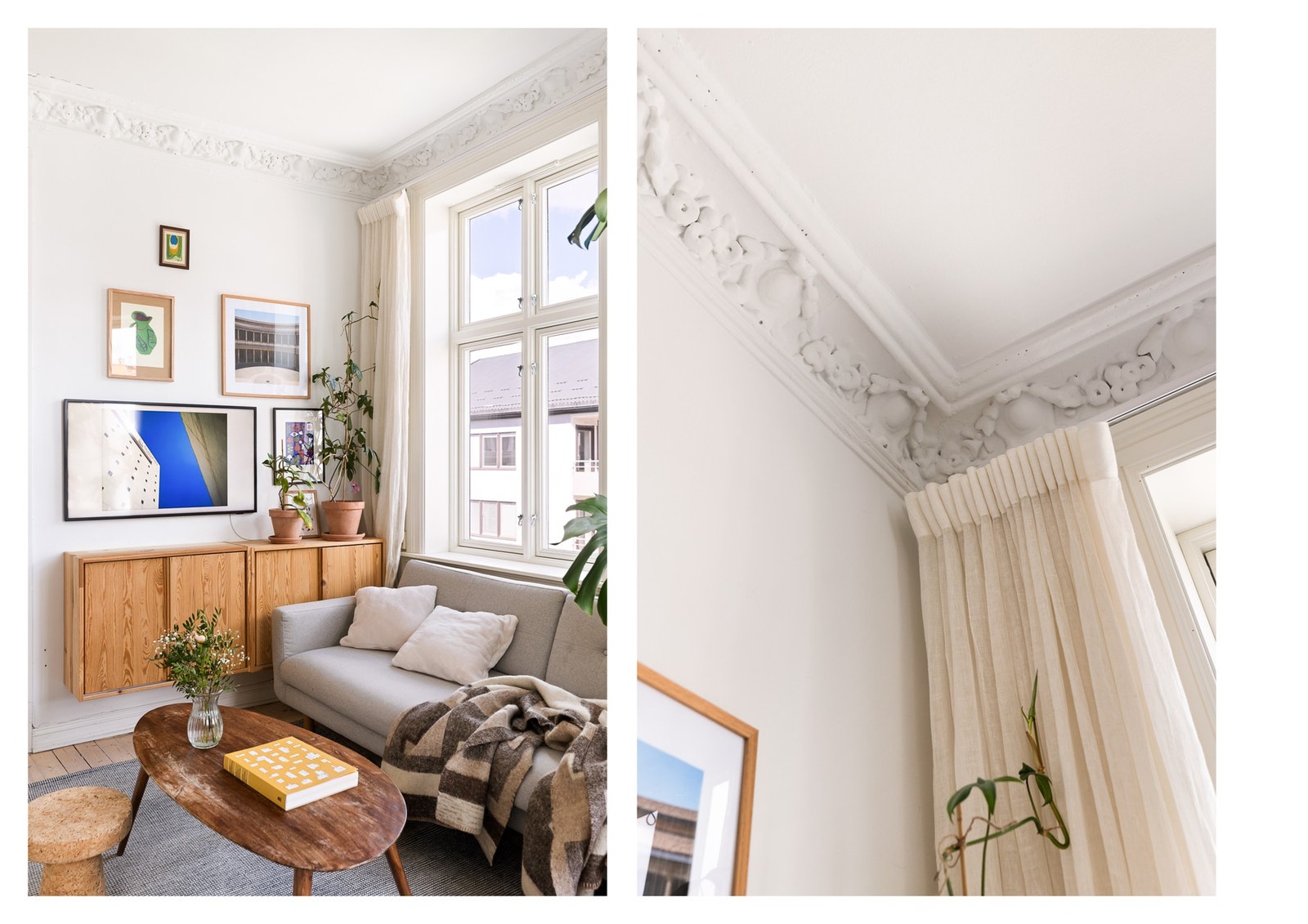 Leiligheten har lekre klassiske detaljer med stukkatur og rosett. Galleribilde