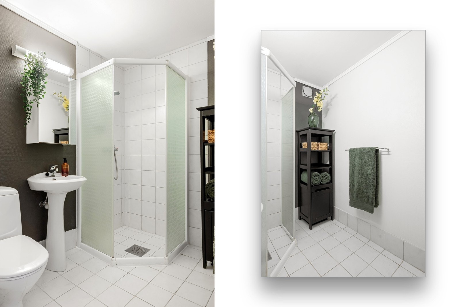 Badet er praktisk plassert i gangen, med flislagt gulv og dusjsone, og ellers tidløs innredning. Toalett var nytt i 2021. Galleribilde