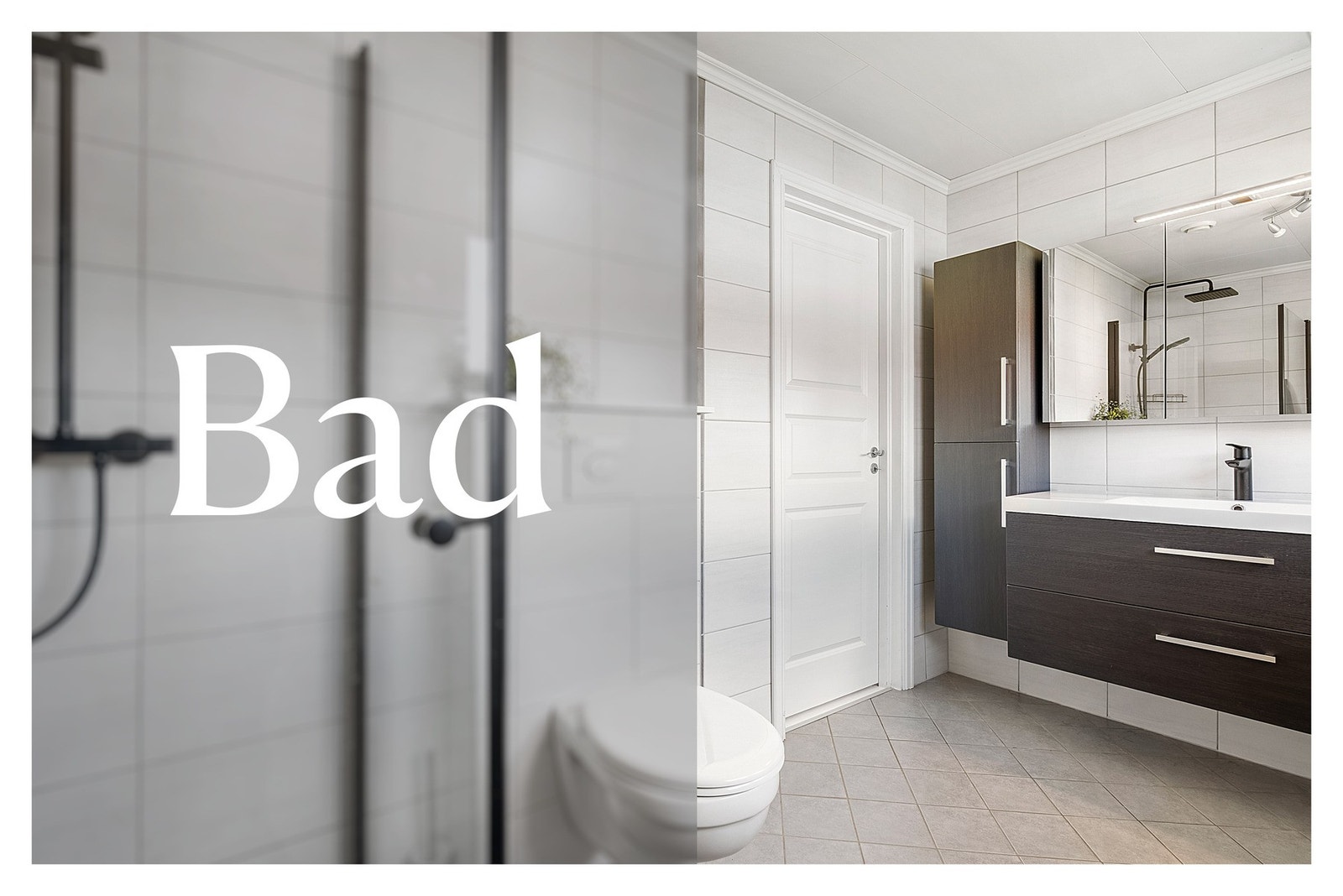 Badet i andre etasje er helfliset og utstyrt med gulvvarme, vegghengt toalett, dusjkabinett og god oppbevaringsplass. I tillegg har boligen eget vaskerom/bod med opplegg for vaskemaskin. Galleribilde