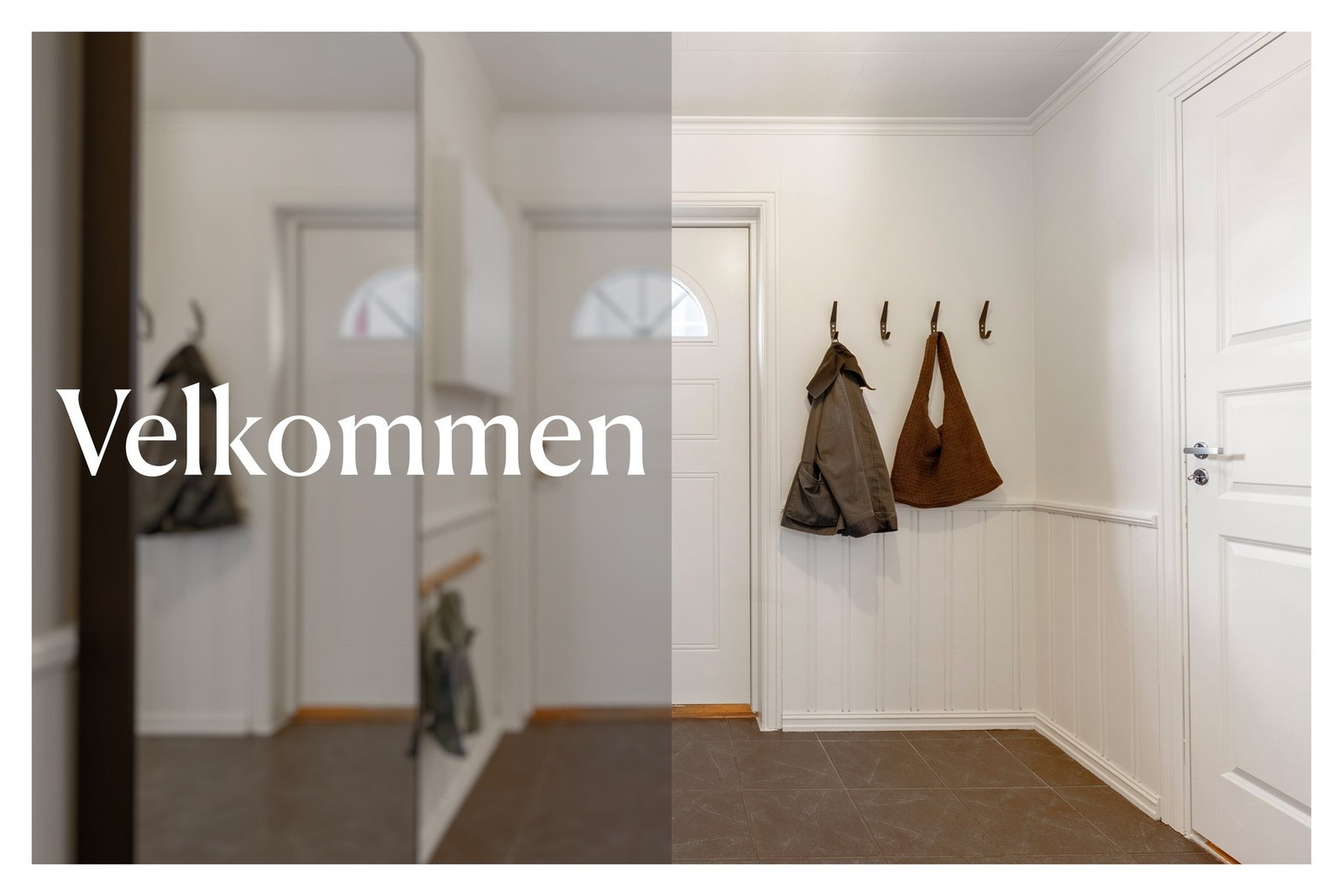 Entréen har overbygd inngangsparti med flislagt dekke, belysning og praktisk utvendig bod. Innvendig er det entré og gang med varme i gulv. Galleribilde