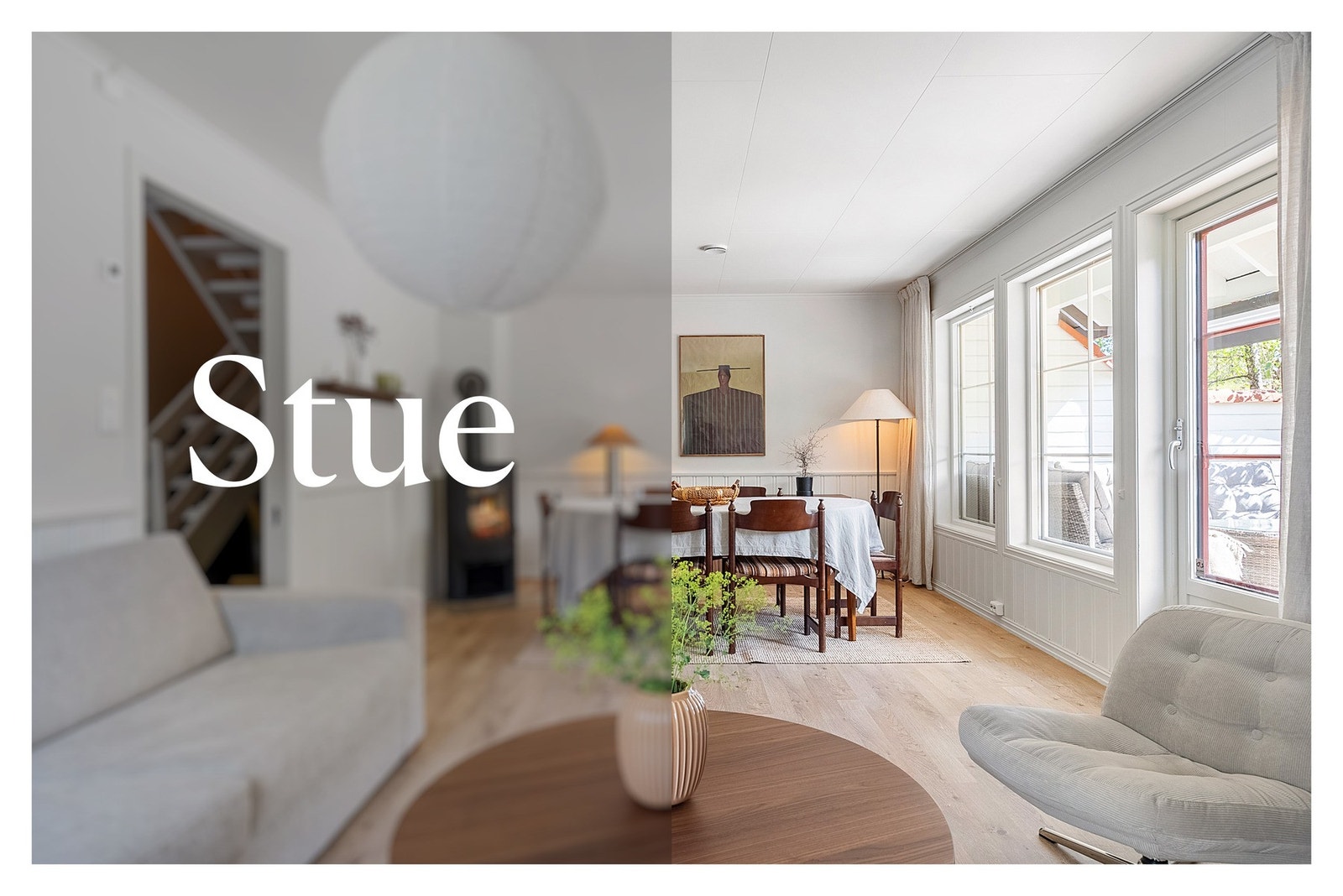 Stuen er romslig og lys med vinduer i to retninger Galleribilde