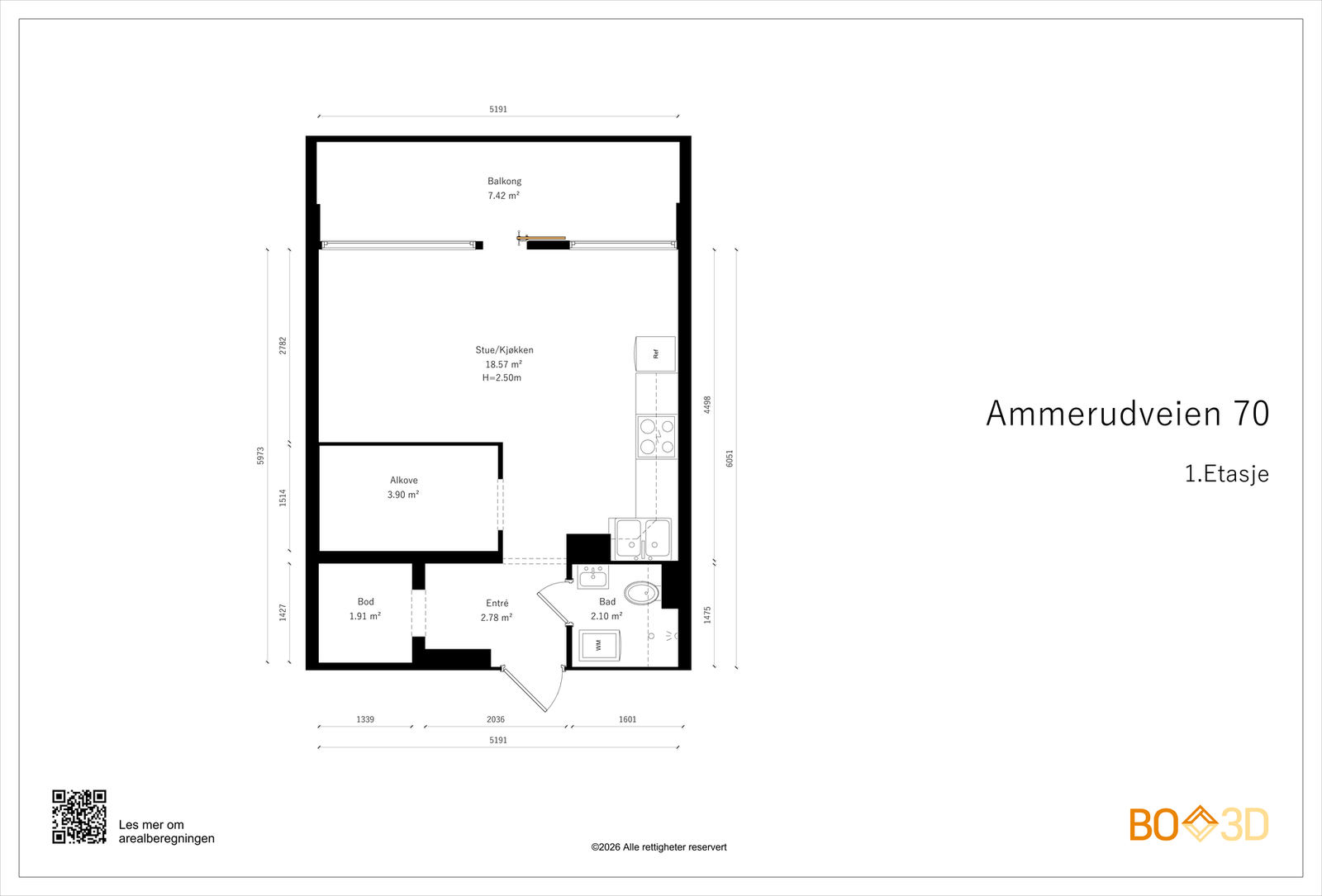 Leiligheten har en funksjonell planløsning med god plass til både sofa, spisebord og soveplass Galleribilde