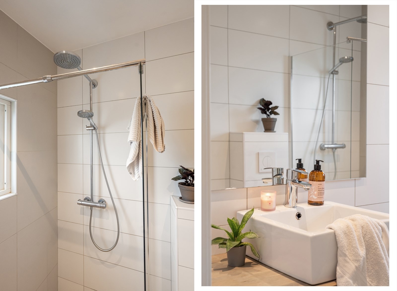 Rommet er utstyrt med dusjsone med glassvegg og regnfalldusj - i tillegg servant med oppbevaringsmuligheter og vegghengt WC. Galleribilde