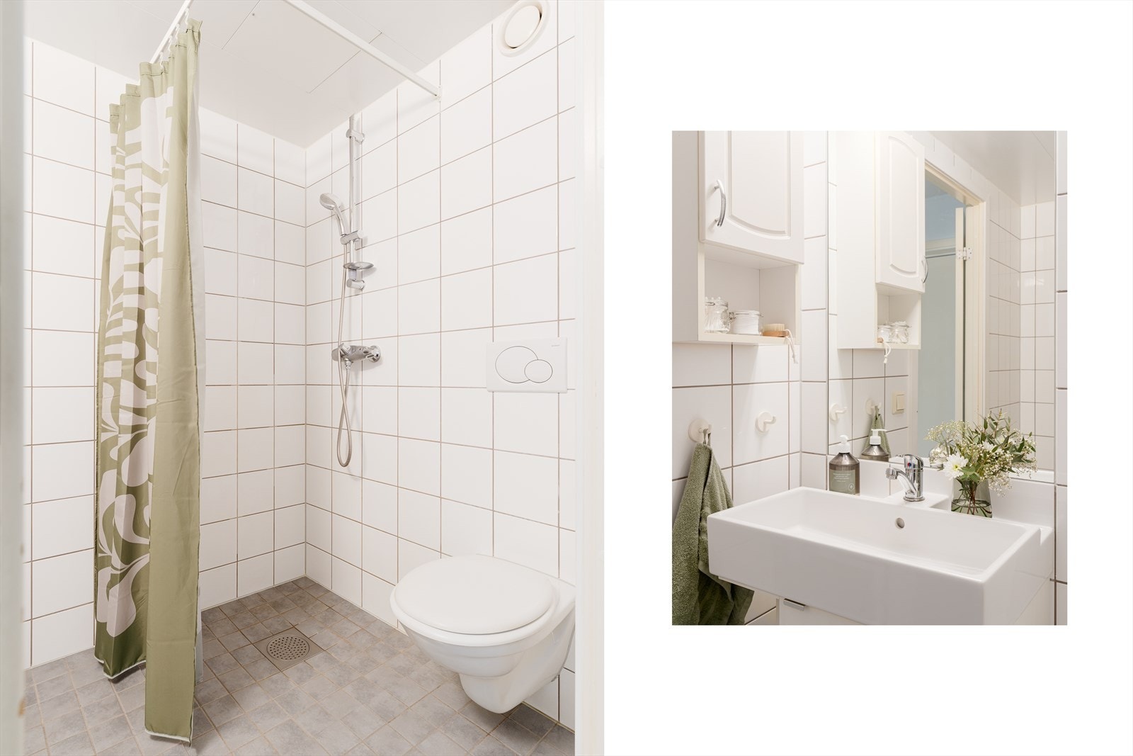 Badet er utstyrt med dusjhjørne, servant med oppbevaring og opplegg for vaskemaskin. Varmekabler i gulvet sørger for god komfort. Galleribilde