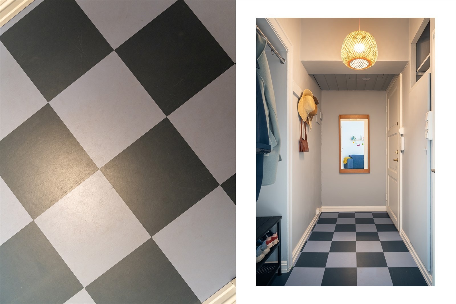Entréen har plassbygde garderobeløsninger for oppbevaring og dørcalling, som gjør det enkelt å slippe inn gjester fra gateplan. Galleribilde