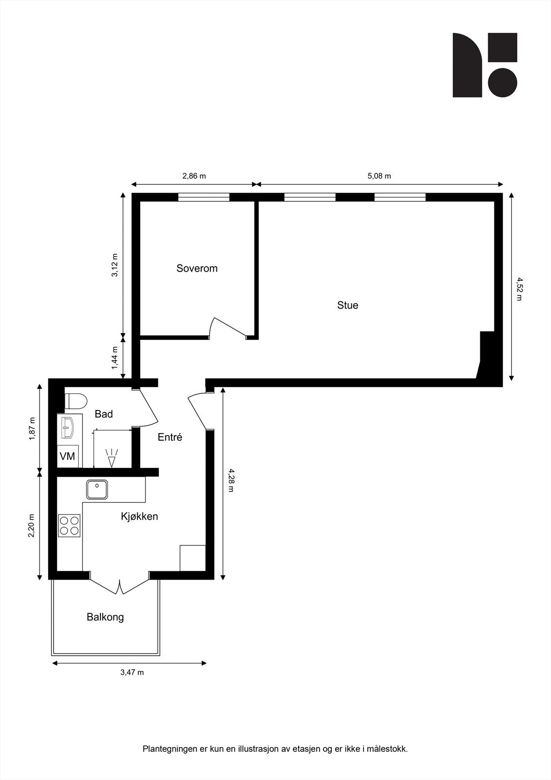 Plantegning. I tillegg disponerer leiligheten en kjellerbod på ca. 3 m2, og en loftsbod på ca. 3 m2 (gulvareal på ca. 7 m2). Galleribilde