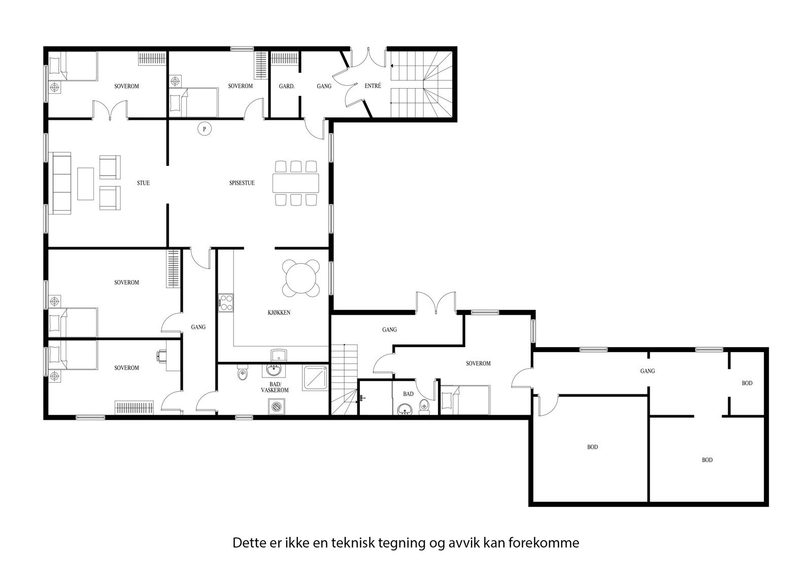 Plantegning over 1.etasje i tomannsboligen (venstre fløy er avdelt, og tilhører i utgangspunktet leiligheten i 2.etasje) Galleribilde