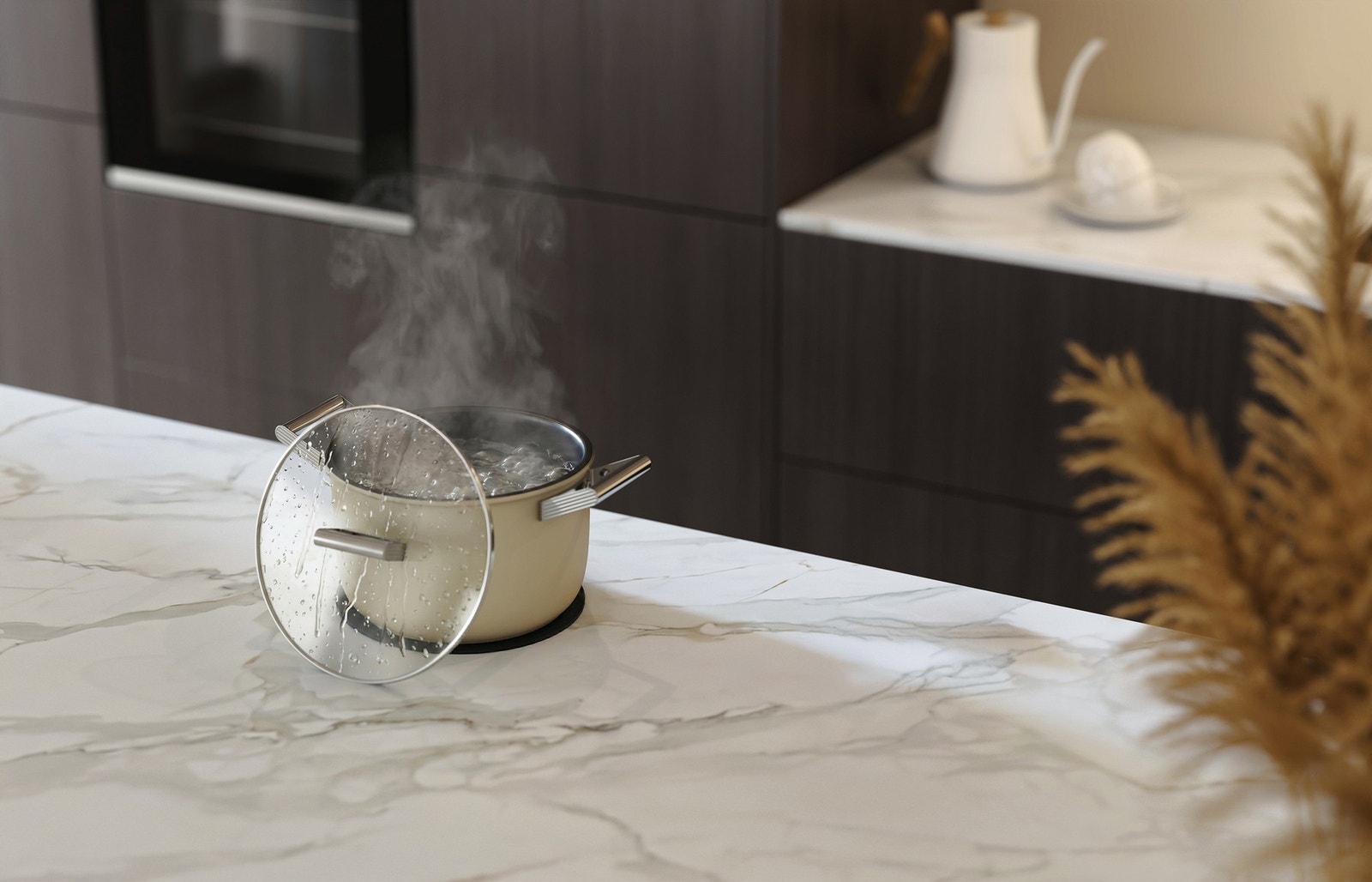 Dekton-benkeplate med 120 cm bred undercover-cooking sone, sømløst integrert i benkeplaten. Galleribilde