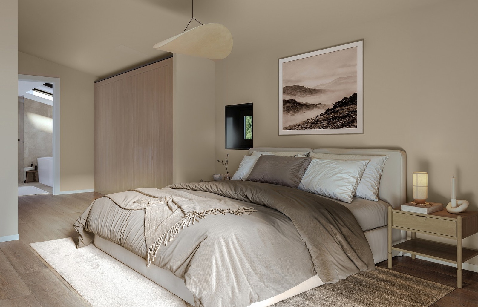 Hovedsoverommet har god plass til dobbeltseng og har rikelig med plass til garderobeløsning i forlengelsen inn mot badet. Galleribilde