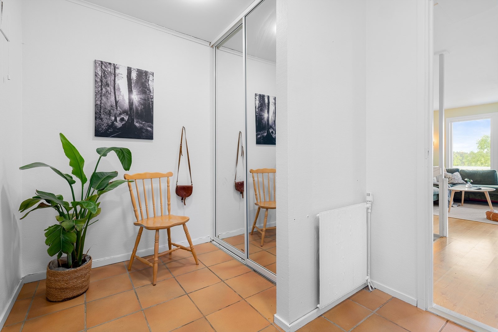 Her er det god plass til ytterklær og annet hverdagsutstyr i en speil-skyvedørsgarderobe. Galleribilde