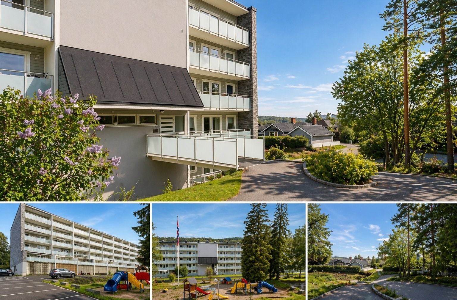 Grønt og hyggelig område med rolig nabolag. Kort vei fra garasje til inngangen. Galleribilde