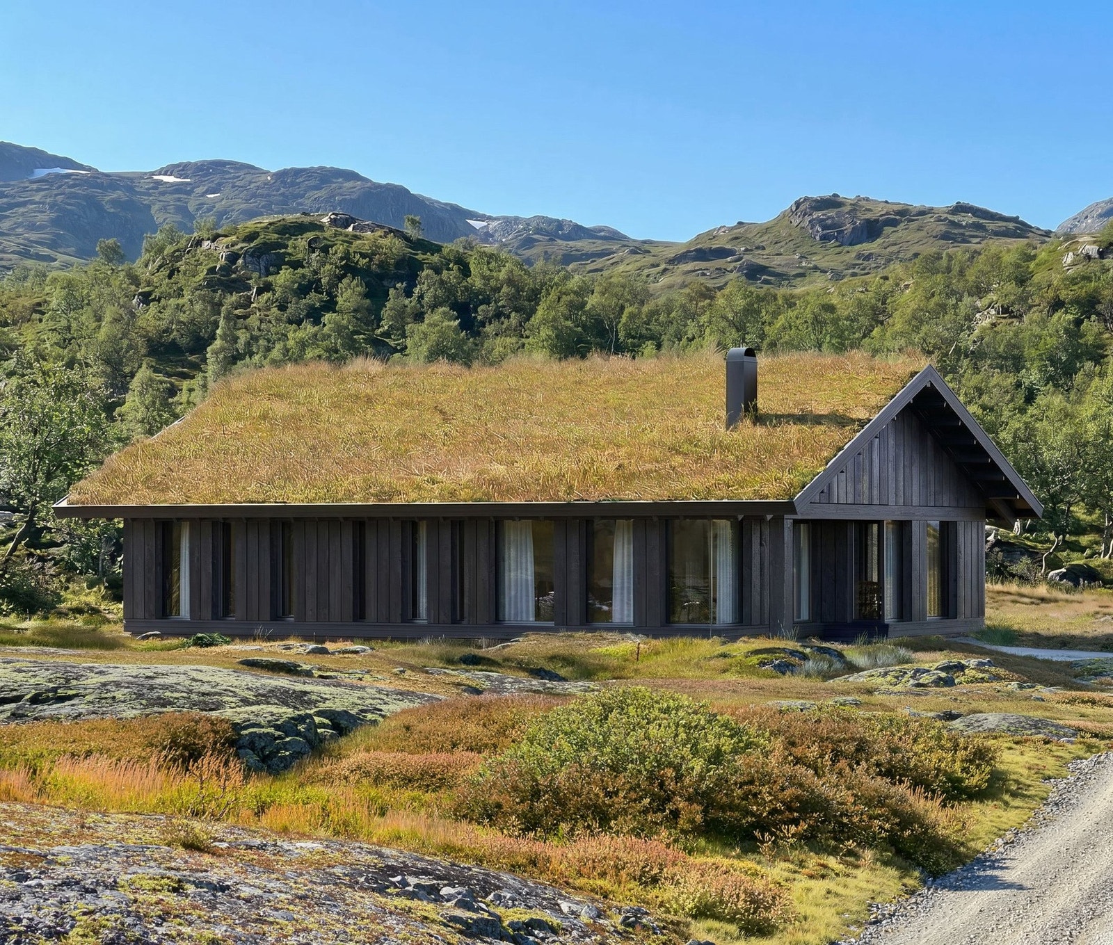 Vy hyttene kjennetegnes av rene linjer og glir inn i landskapet på en elegant måte. Her illustrasjon av en Vy26. Galleribilde