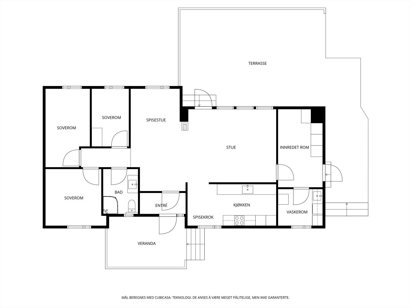 Boligen har en arealeffektiv planløsning på ett plan, med bad, separat vaskerom, stor bod, tre soverom og gode sosiale soner. Galleribilde