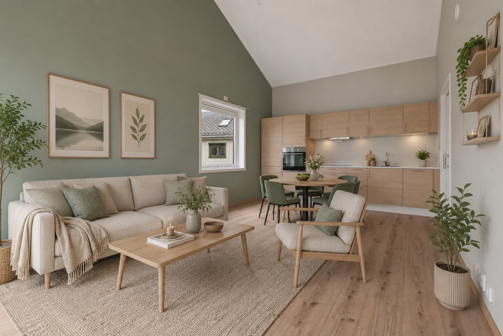 Leiligheten består av et innvendig areal på 51m² og har åpen stue/kjøkkenløsning med god takhøyde, et romslig bad, entré, soverom og utvendig disponibel bodplass. Bildet er digitalt innredet, målestokk vil avvike. Galleribilde