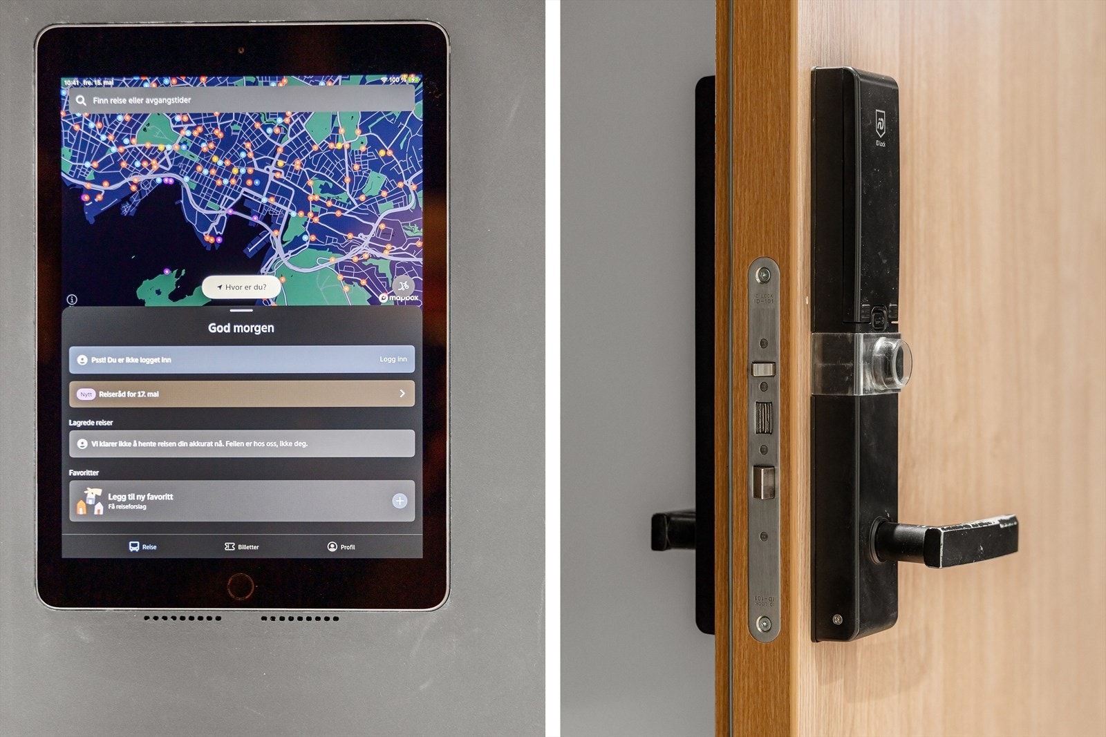 I entréen er det lagt inn smarthus devices med iPad på veggen og elektrisk kodelås. Galleribilde