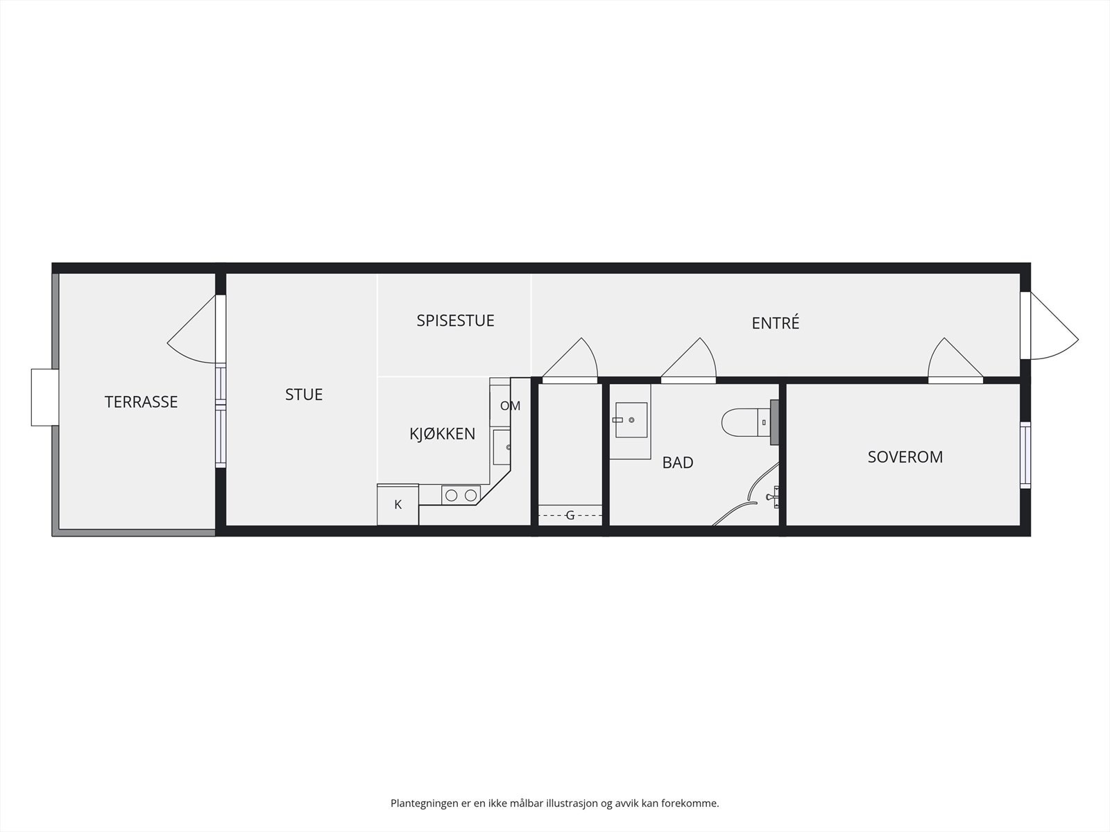 Plantegning 1. etasje. I tillegg disponerer leiligheten en bod på 4m² i felles uthus, samt en biloppstillingsplass (nr. 44). Galleribilde