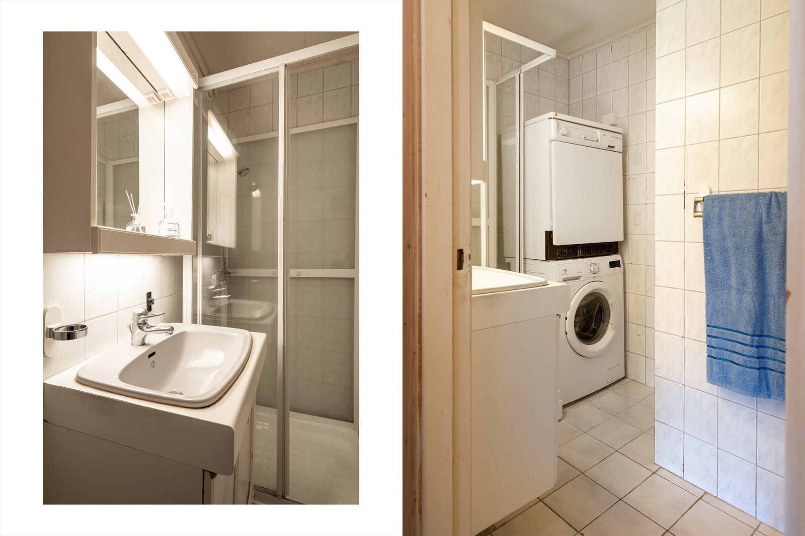 Badet er eldre og utført med fliser på gulv og vegger, gulvvarme og opplegg for vaskemaskin. Galleribilde