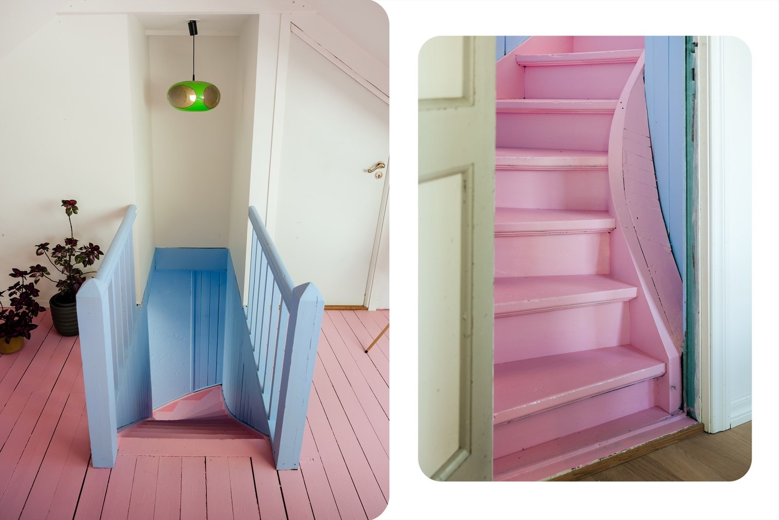 En fargerik trapp fører opp til det innredede loftet. Galleribilde