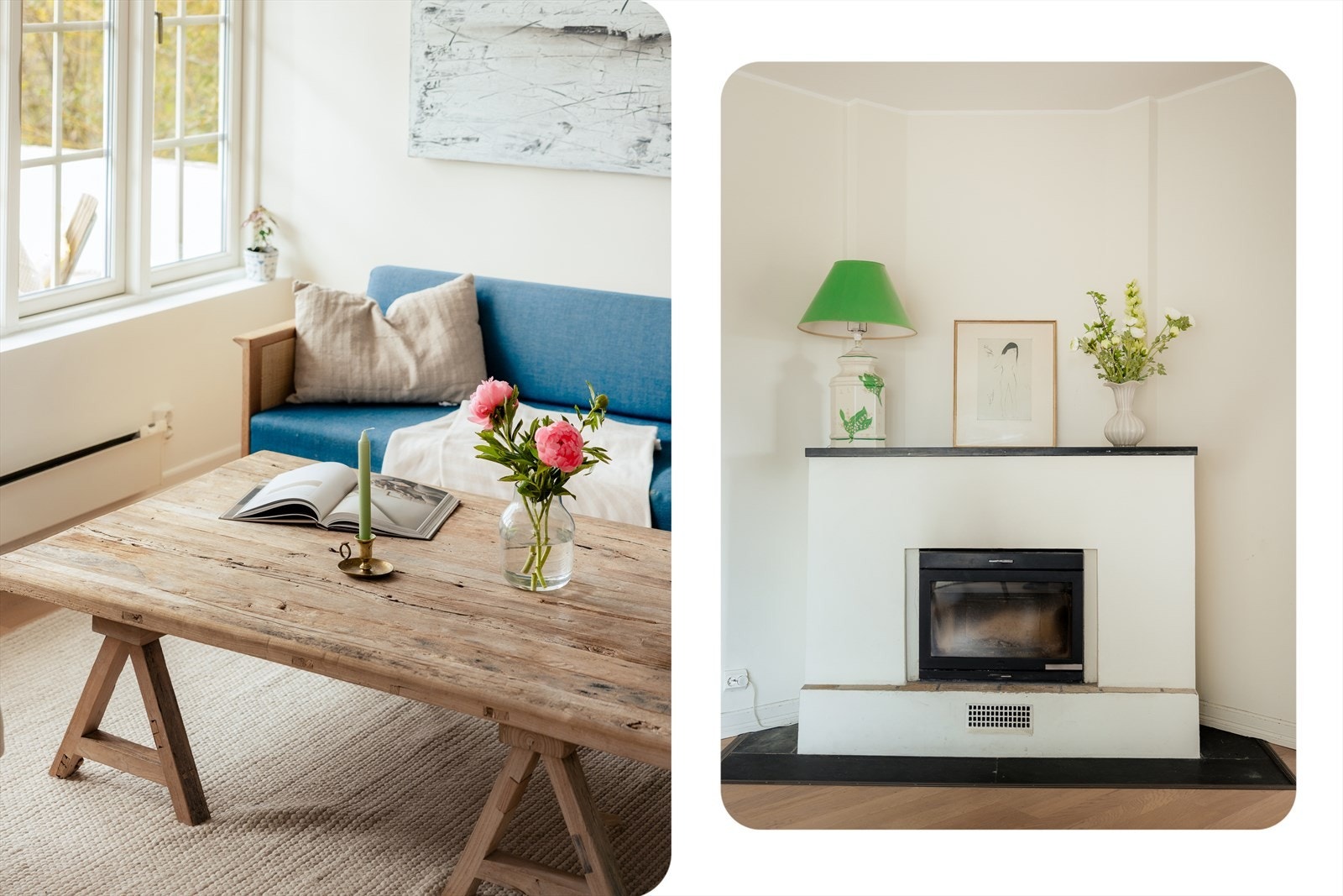 Detaljer som peisinnsatsen og de solide materialvalgene understreker boligens kvalitet. Galleribilde