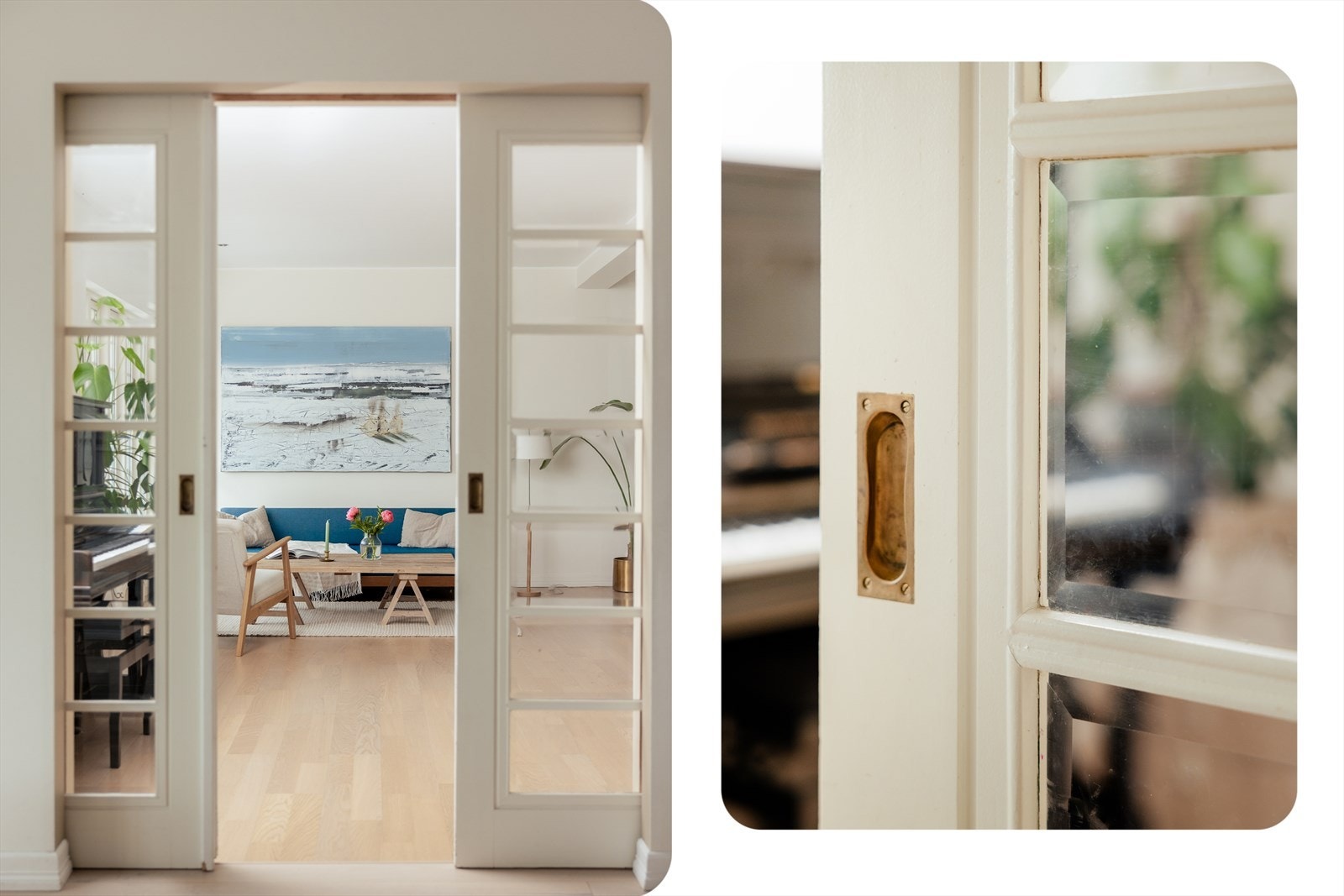 Originale skyvedører i tre med glassfelt skiller elegant mellom rommene. Galleribilde