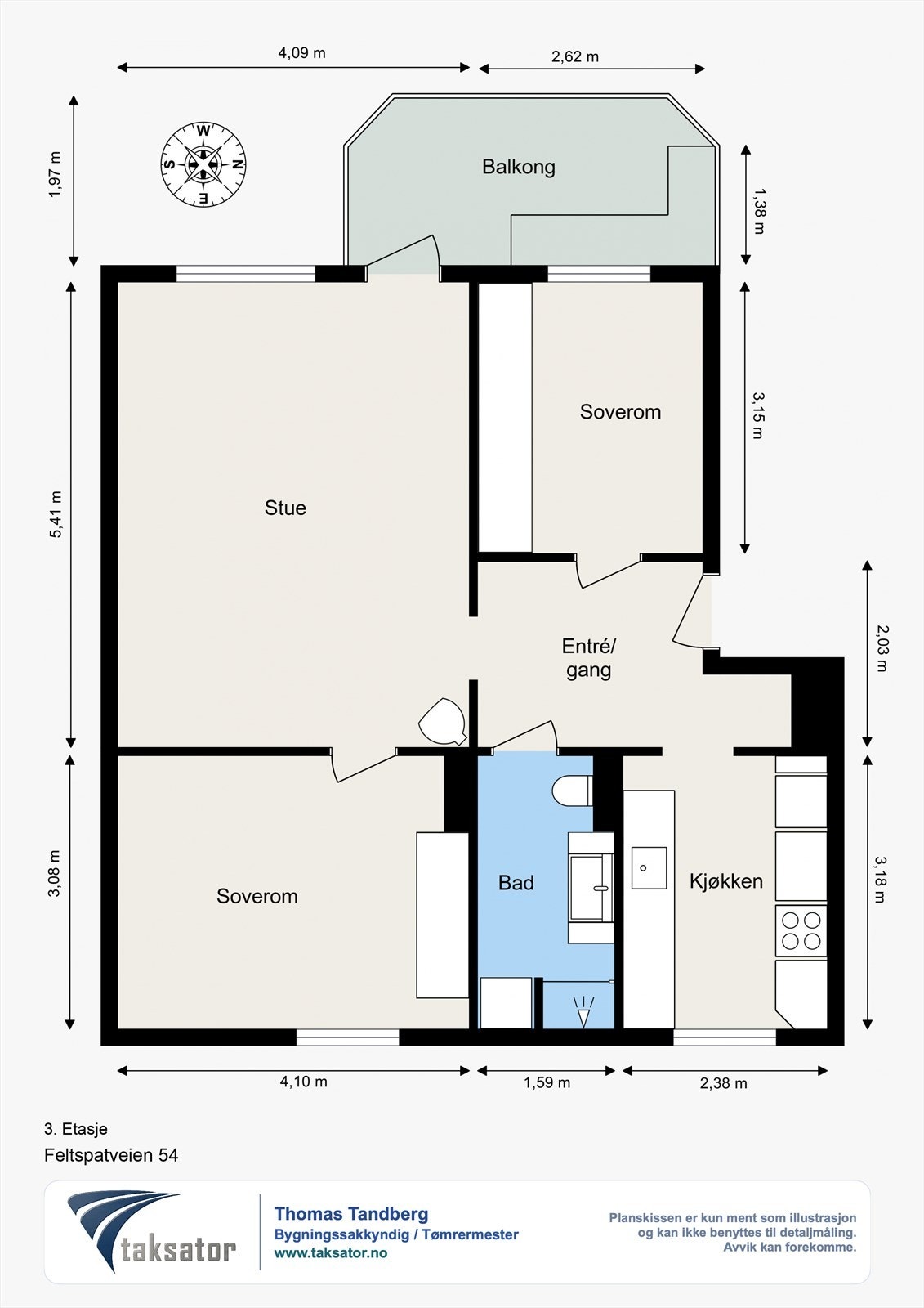 Boligen ligger i 3. etasje (toppetasje) og inneholder: Stue, kjøkken, 2 soverom, bad, balkong og entré. totalt 3 boder (2 kjeller, 1 loft) på ca 12 kvm totalt. Galleribilde