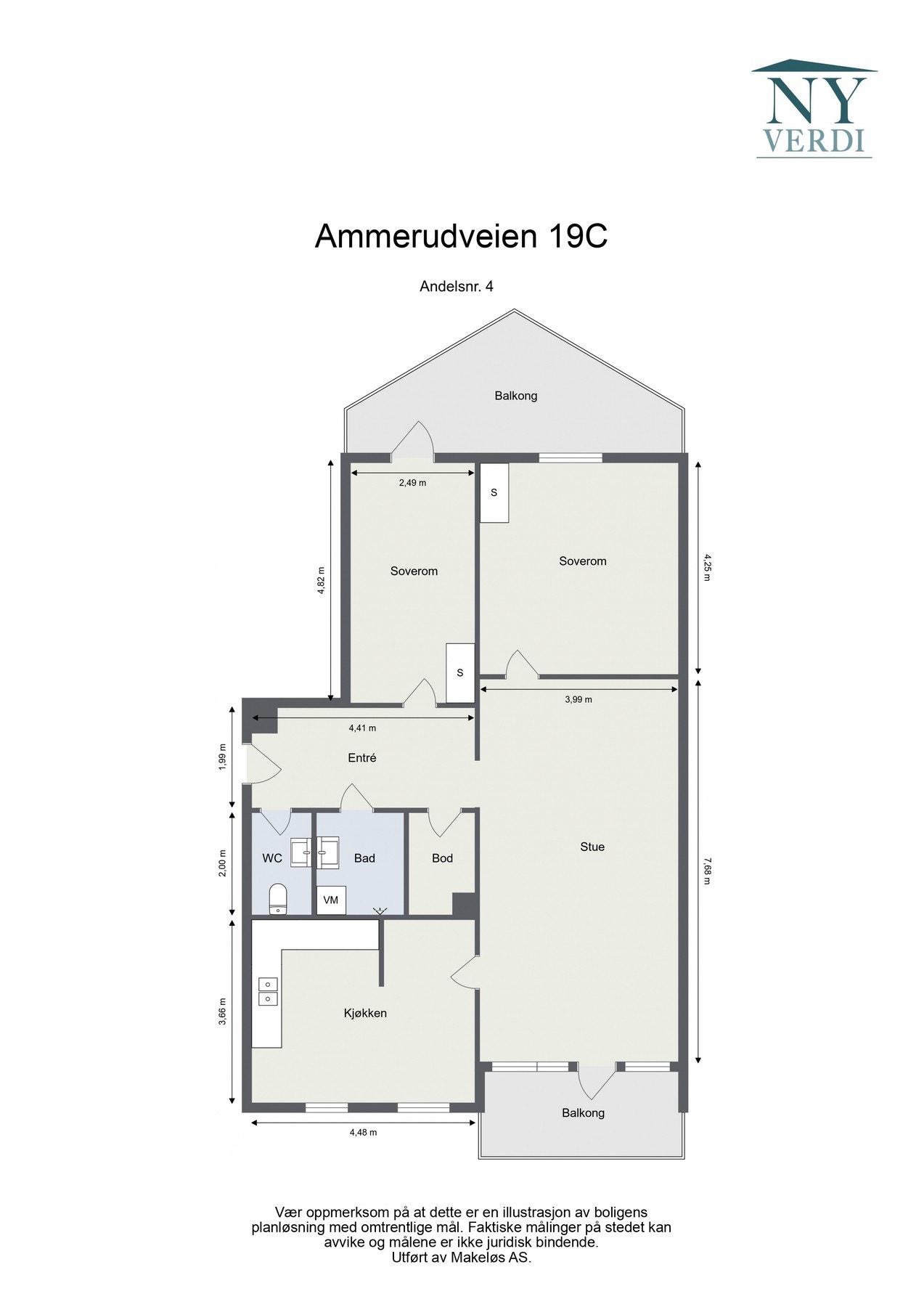 Plantegning. I tillegg disponerer leiligheten en kjellerbod på ca. 2 kvm. Galleribilde
