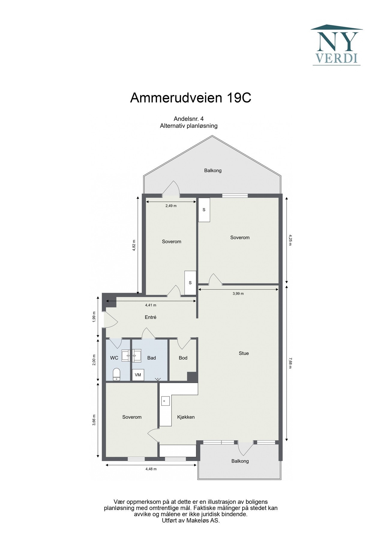 Alternativ planløsning som 4-roms. Plantegningen er kun ment for inspirasjon. Interessenter er selv ansvarlige for å undersøke hvordan dette er gjennomførbart. Galleribilde