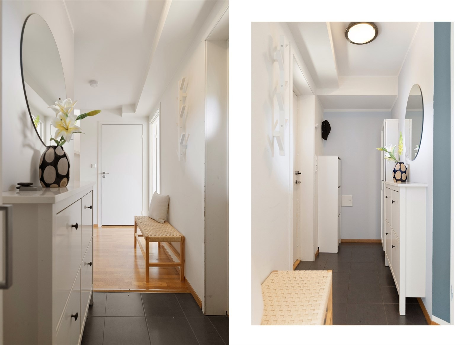 Entréen/gangen er romslig, og byr på god plass til å henge fra seg yttertøy. Inngangspartiet har fliser på gulv. Galleribilde