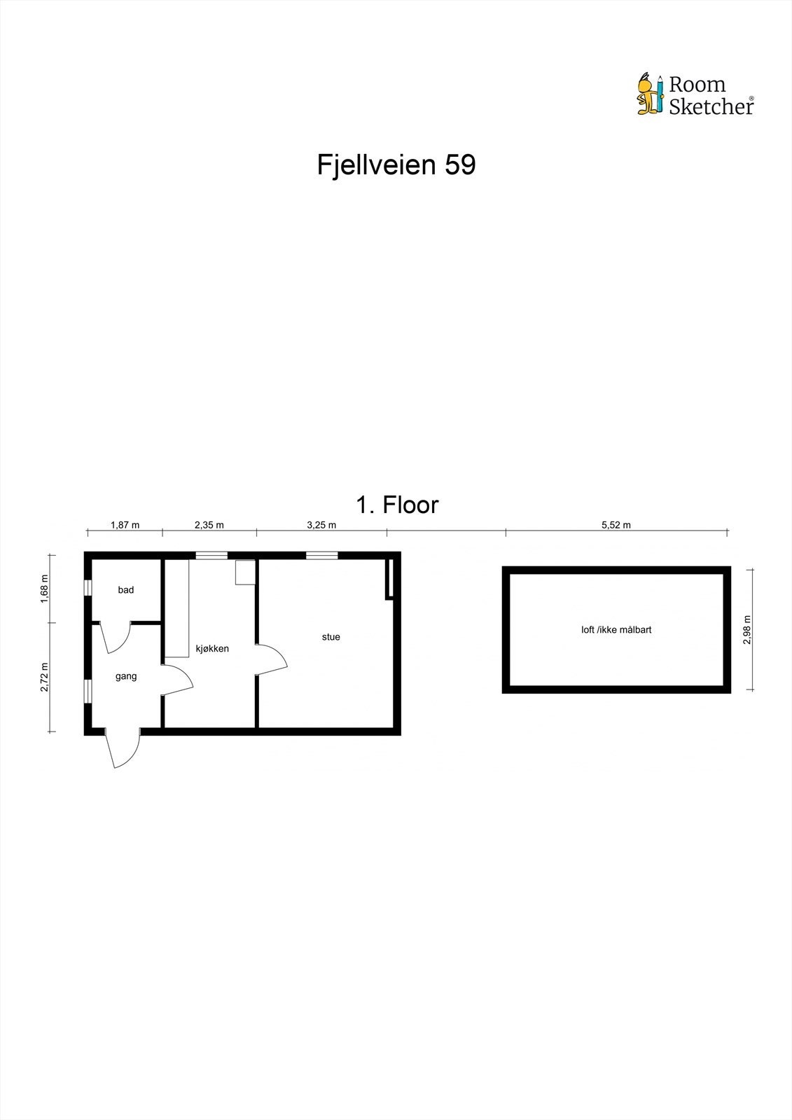 Boligen har et bruksareal på 33 m² og inneholder entré, bad, kjøkken og stue. Loftet er innredet, men ikke medregnet i arealet. Her ligger alt til rette for ombygging eller påbygg. Galleribilde