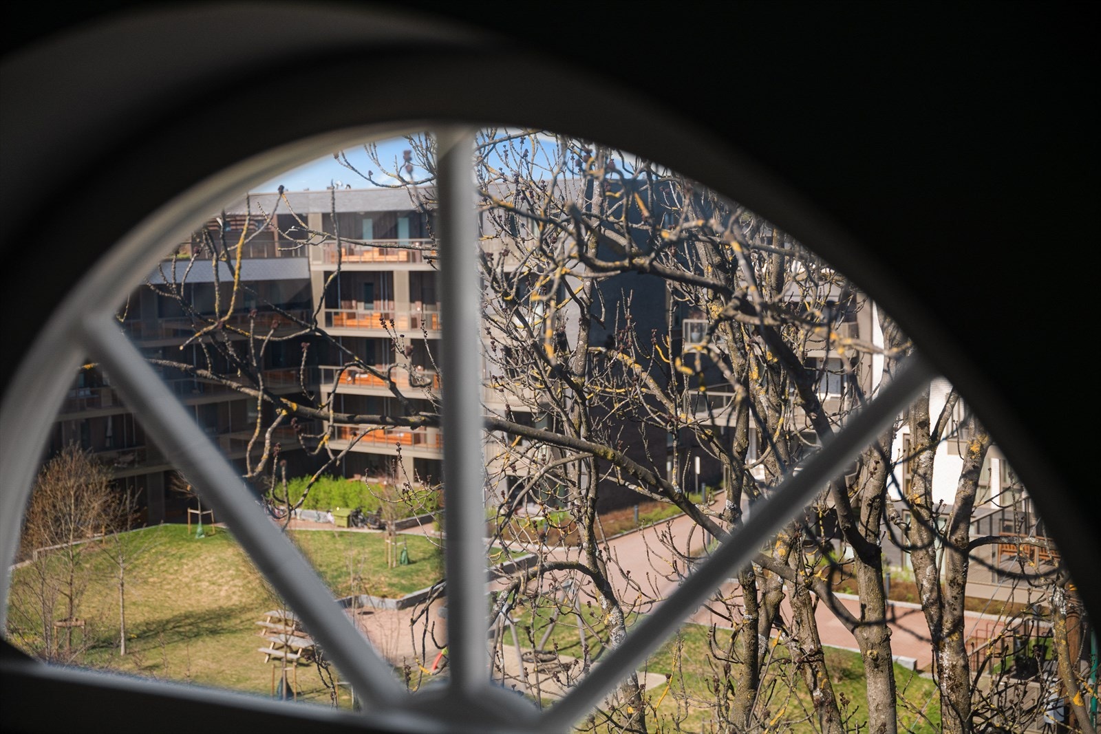 Det fine halvmånevinduet er en vakker detalj i rommet. Utsikten her forandrer seg i takt med årstiden. Galleribilde