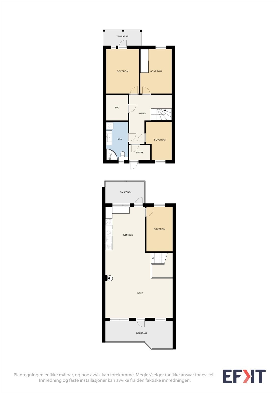 Effektiv planløsning over to etasjer, med sosial sone oppe og privat sone med soverom nede. Galleribilde