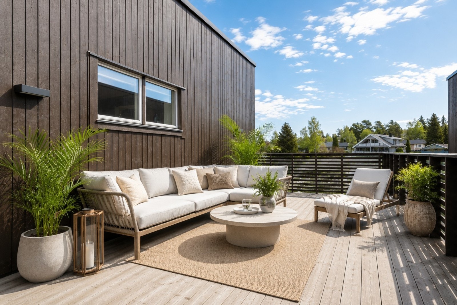 Stor terrasse på ca. 29 kvm med gode solforhold. Sol fra ettermiddag og ut kvelden. God plass til utemøbler. Bildet er digitalt møblert via AI og er ment som illustrasjon for å vise hvordan man kan møblere. Galleribilde