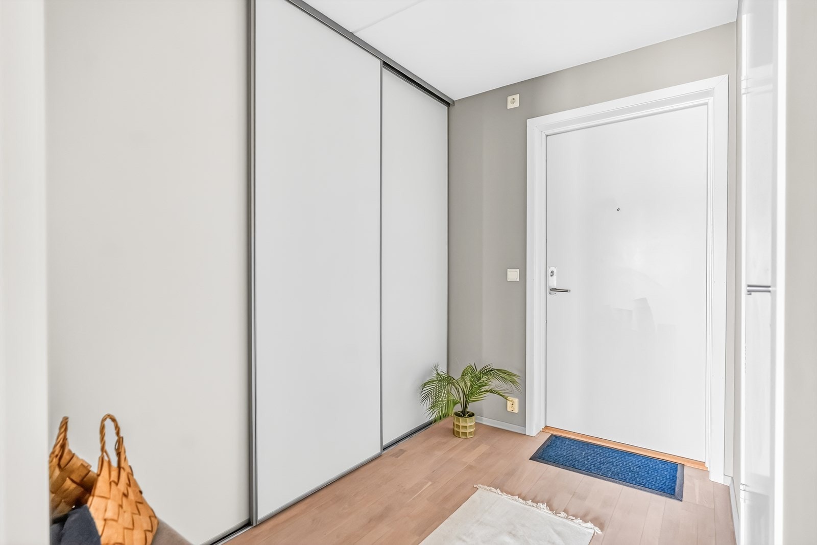 Lys og innbydende entré med god plass til oppbevaring i stor skyvedørsgarderobe. Galleribilde