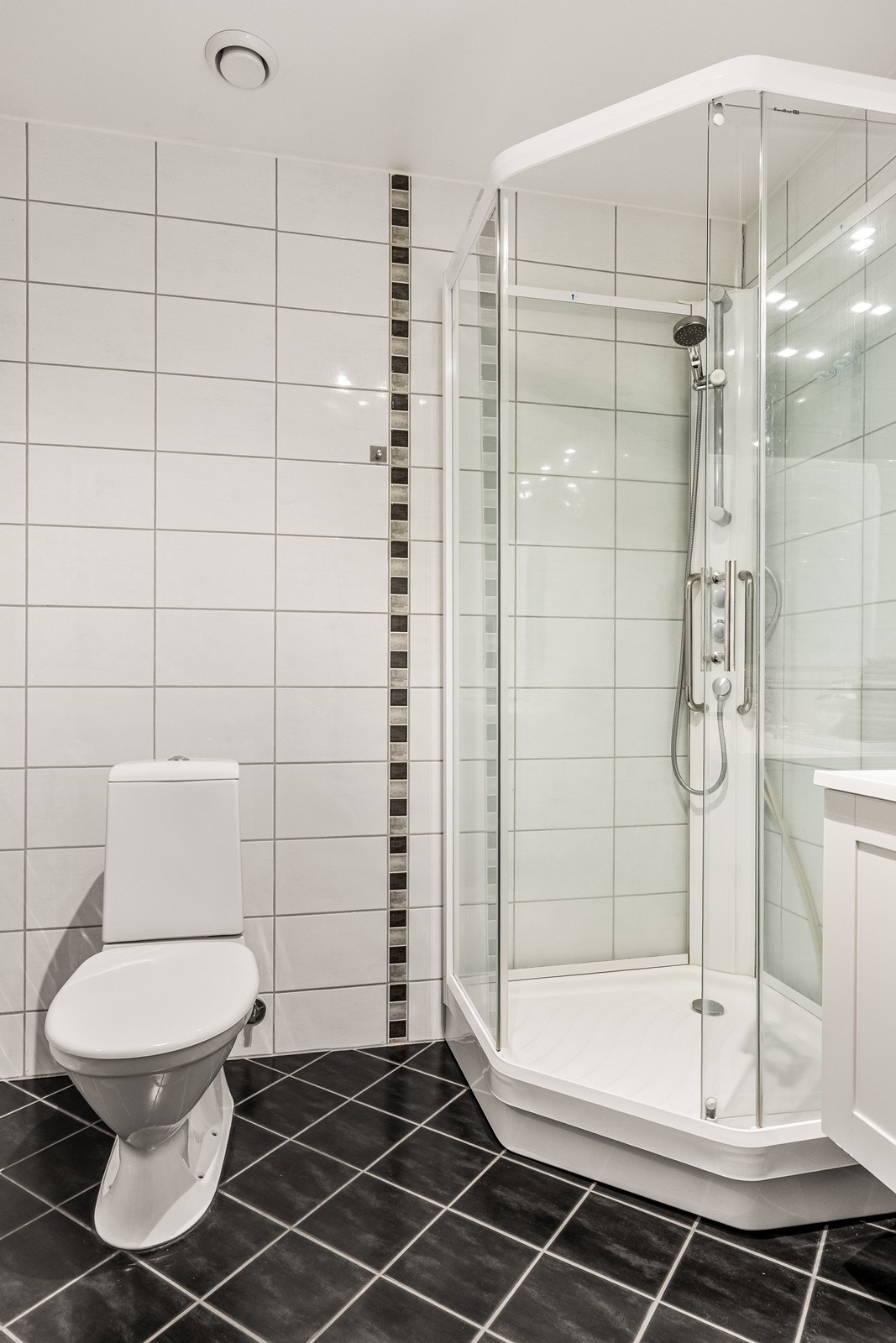 Dusjkabinett og sanitærutstyr er praktisk plassert, med mulighet for vaskemaskin. Galleribilde