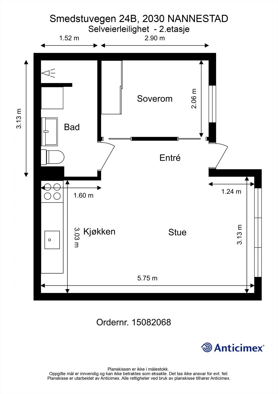Effektiv planløsning på 33 m² som omfatter entré, bad, soverom og stue med åpen kjøkkenløsning. Galleribilde