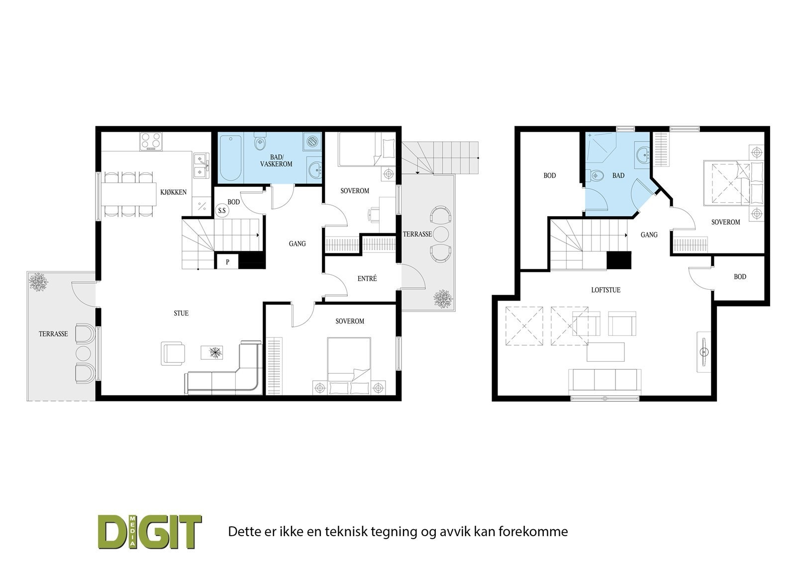 Planløsningen er fordelt over to etasjer, med hoveddel i 2. etasje og en innredet loftsetasje. Galleribilde