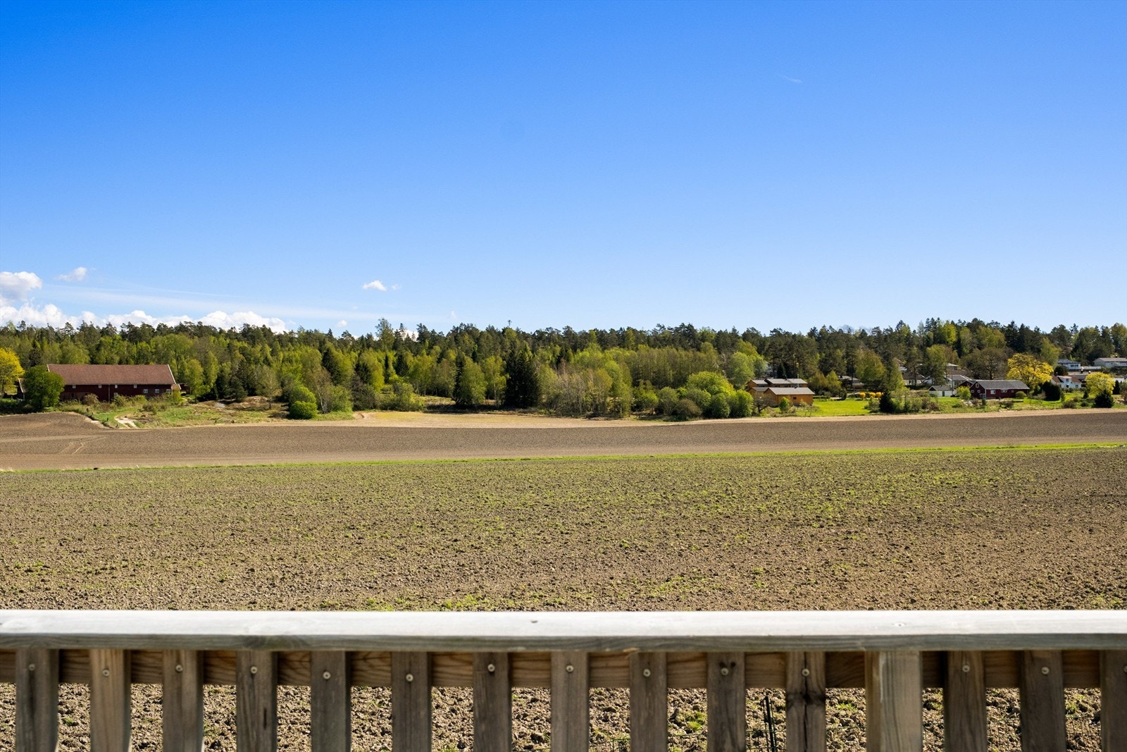 Vid utsikt fra altanen over åkerlandskapet som om våren blir grønt og vakkert. Galleribilde