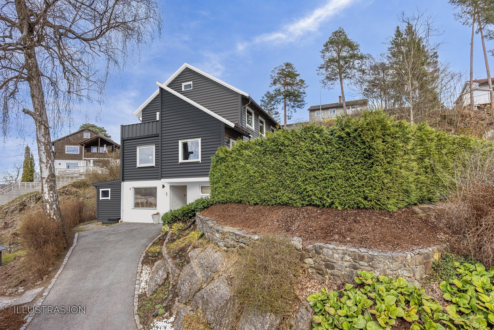 Veien opp til huset er asfaltert, med kantstein og fin beplantning. Galleribilde