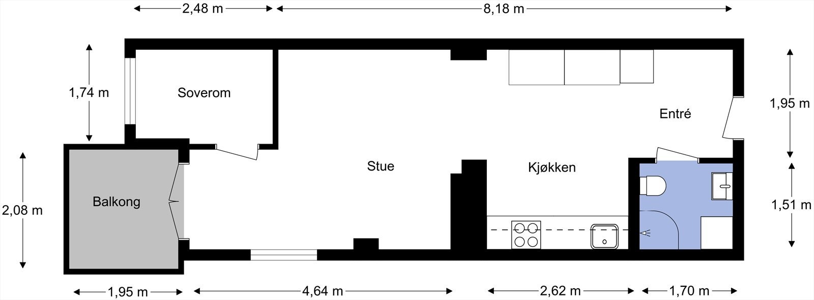 Plantegning fra takstmann. Leiligheten inneholder entré, stue, kjøkken, soverom og bad. Kjellerbod for lagring. Galleribilde
