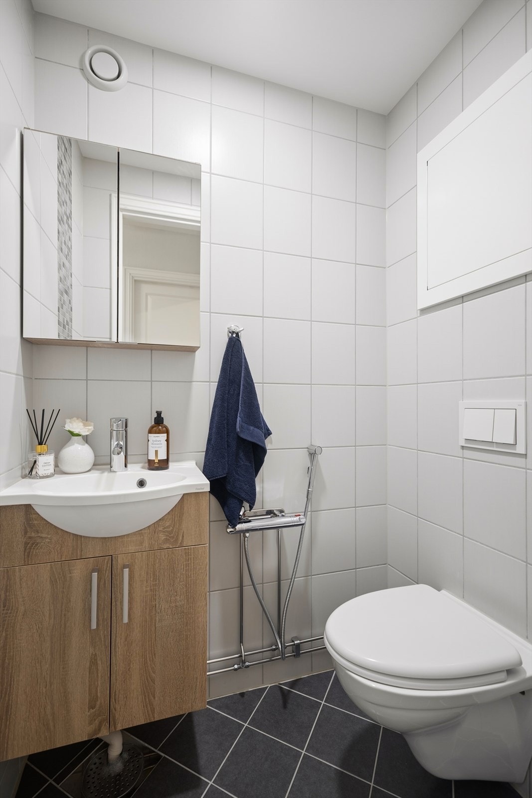 Toalettrommet ble også oppgradert i 2018 og har vegghengt toalett, servantinnredning og flislagte overflater. Galleribilde
