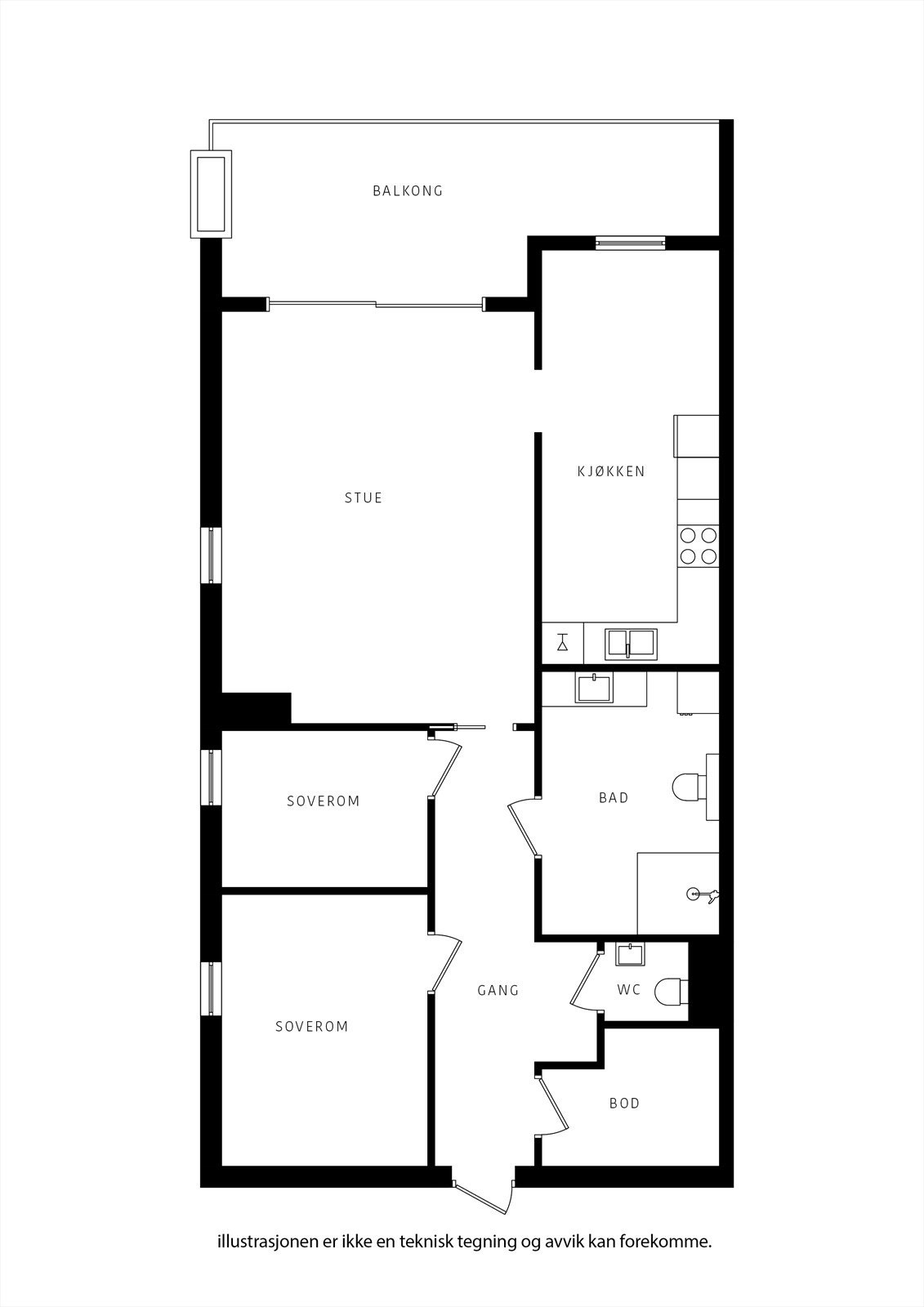 En gjennomtenkt planløsning fordeler arealet på 86 m² over en sosial sone med åpent kjøkken, to soverom, bad, separat toalett og bod. Galleribilde