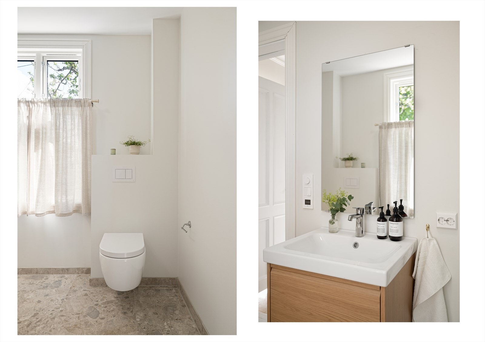 Badet er innredet med servant i baderomsmøbel, vegghengt toalett og dusjhjørne, samt opplegg for vaskemaskin. Galleribilde