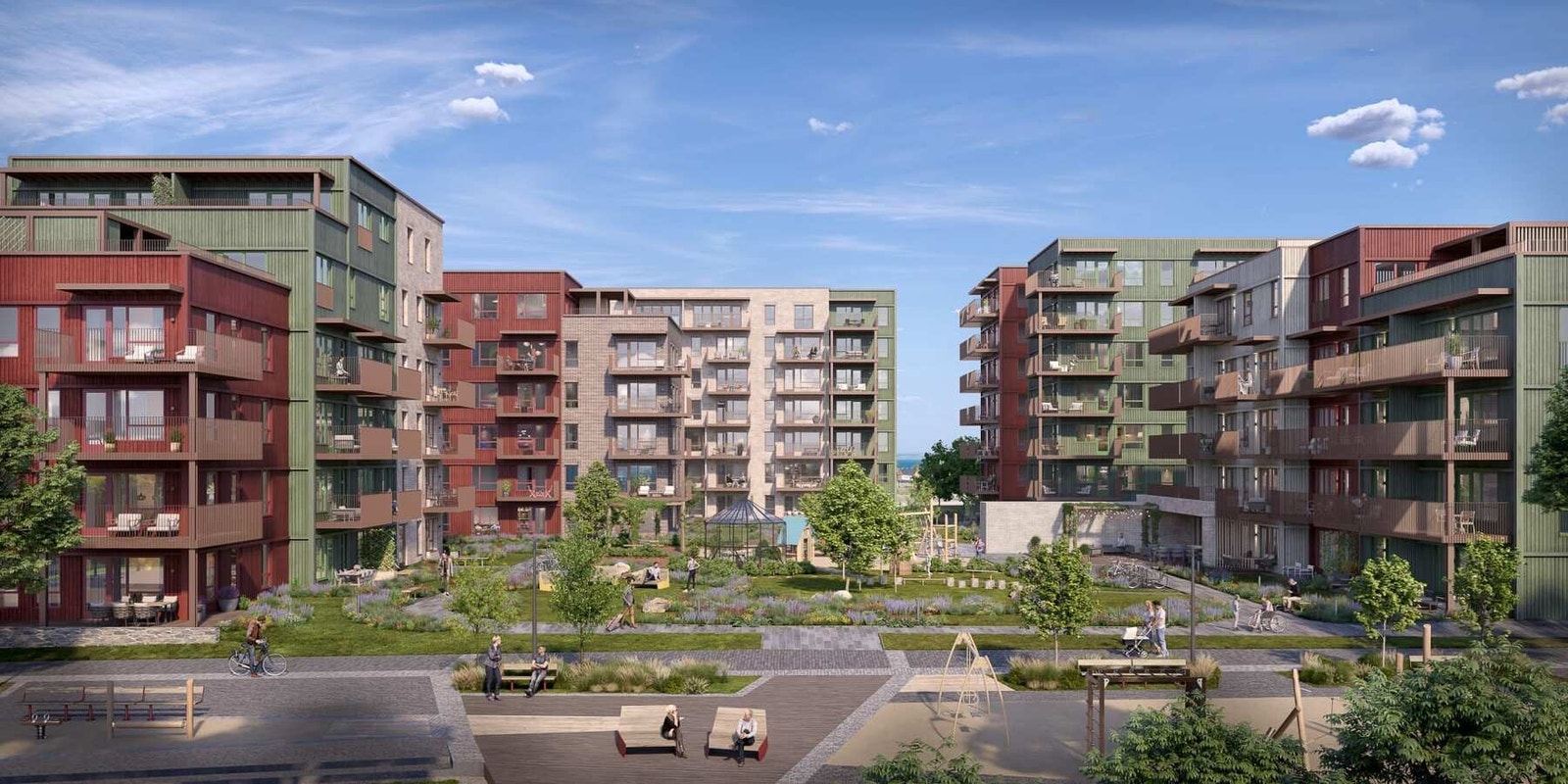 Utbyggingen av nye Leangen Sentrum markerer en overgang for bydelen, fra industriområde til en bydel med et aktivt urbant by- og bomiljø. Galleribilde