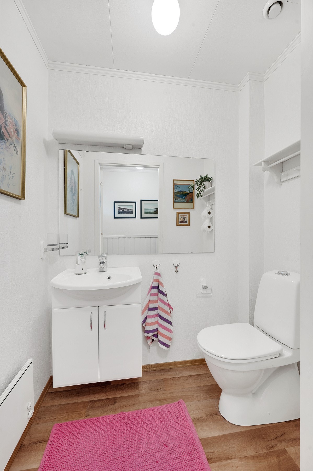 Praktisk toalettrom i hovedetasjen, utstyrt med servant og toalett. Foto: H5 Galleribilde