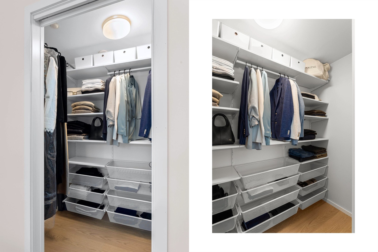 Praktisk walk-in-closet med oppgradert hyllesystem gir effektiv oppbevaring. Rommet er opprinnelig en innvendig bod. Galleribilde