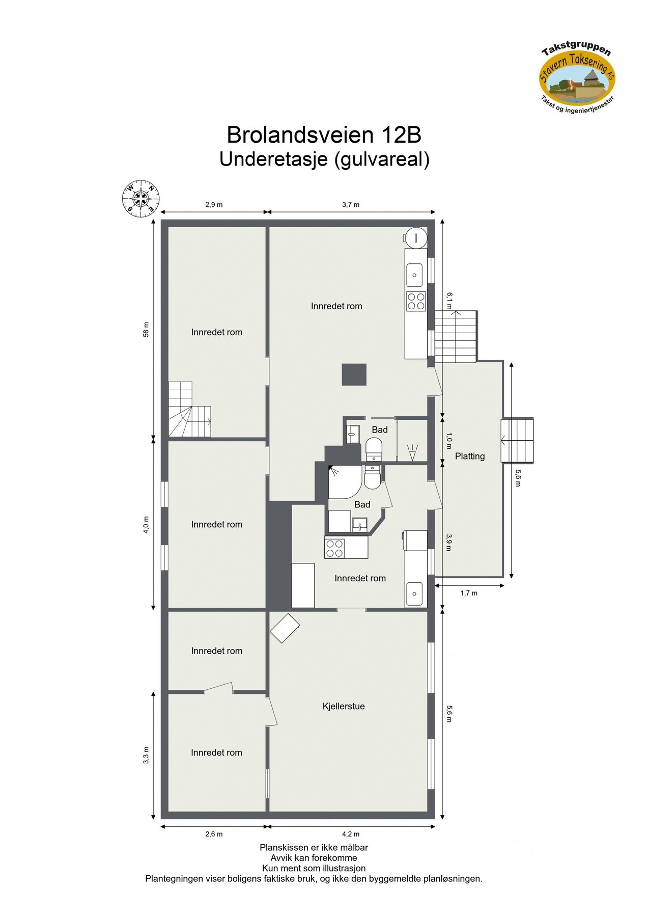 Det er avvik mellom dagens plantegning og de godkjente byggetegningene. Rommene er ikke godkjent for varig opphold. Les mer under avsnitt "Midlertidig brukstillatelse og ferdigattest". Galleribilde