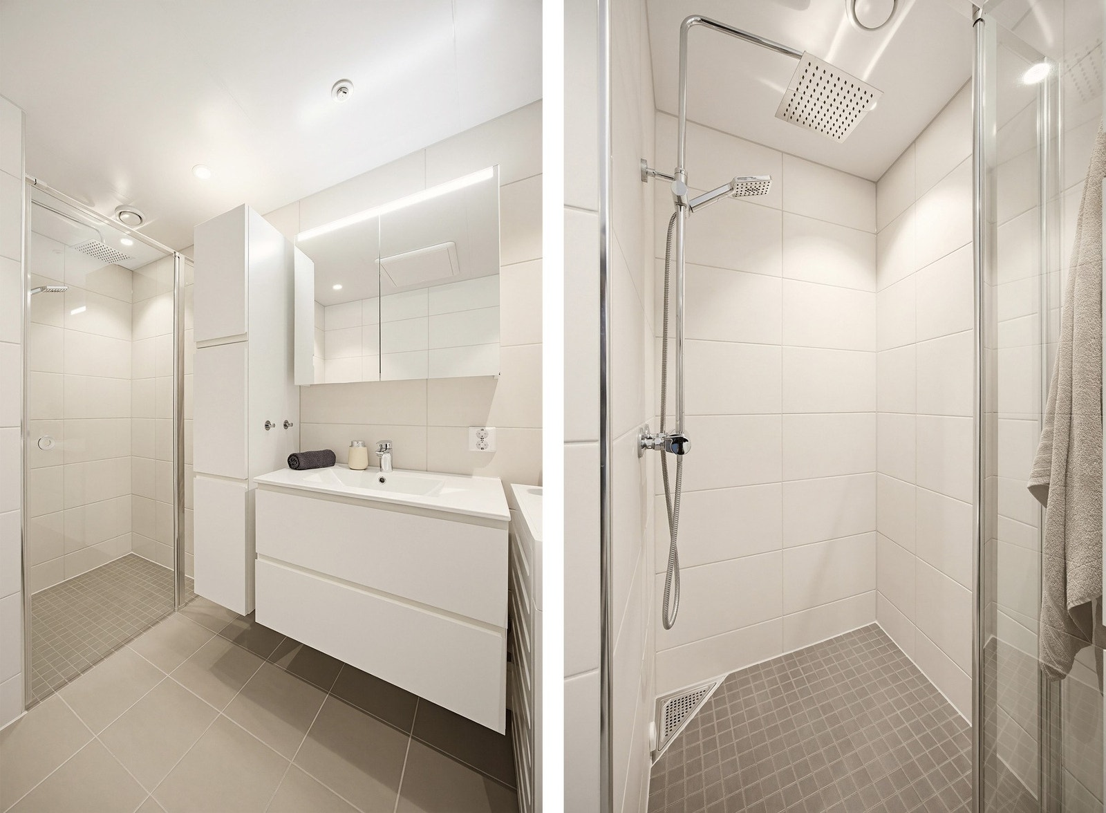 Badet med adkomst fra entréen har en baderomsinnredning bestående av benkeskap, veggskap med glatte fronter, servant og veggskap med speilfronter over servant, samt dusj med fast felt og dør i herdet glass, veggfestet klosett med innebygget sisterne og op Galleribilde