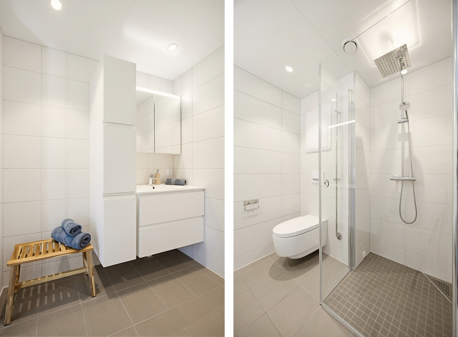 Badet tilknyttet hovedsoverommet har en baderomsinnredning bestående av benkeskap, veggskap med glatte fronter, servant og veggskap med speilfronter over servant, samt dusj med dører i herdet glass, veggfestet klosett med innebygget sisterne og opplegg fo Galleribilde